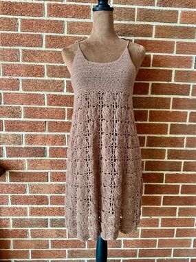 Ryan Roche Brown Crochet Cashmere Sundress, Sleeveless Scoop Neck, Size 2